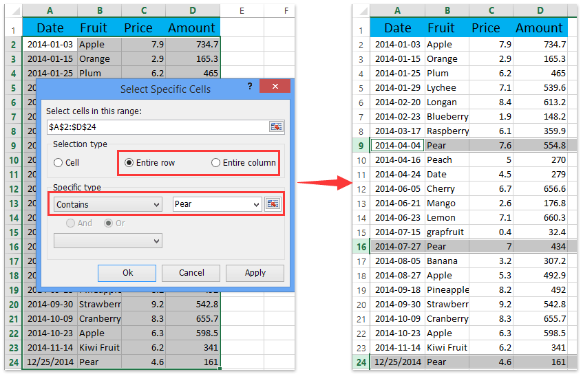 ad select special cells select entire rows columns if containing certain value